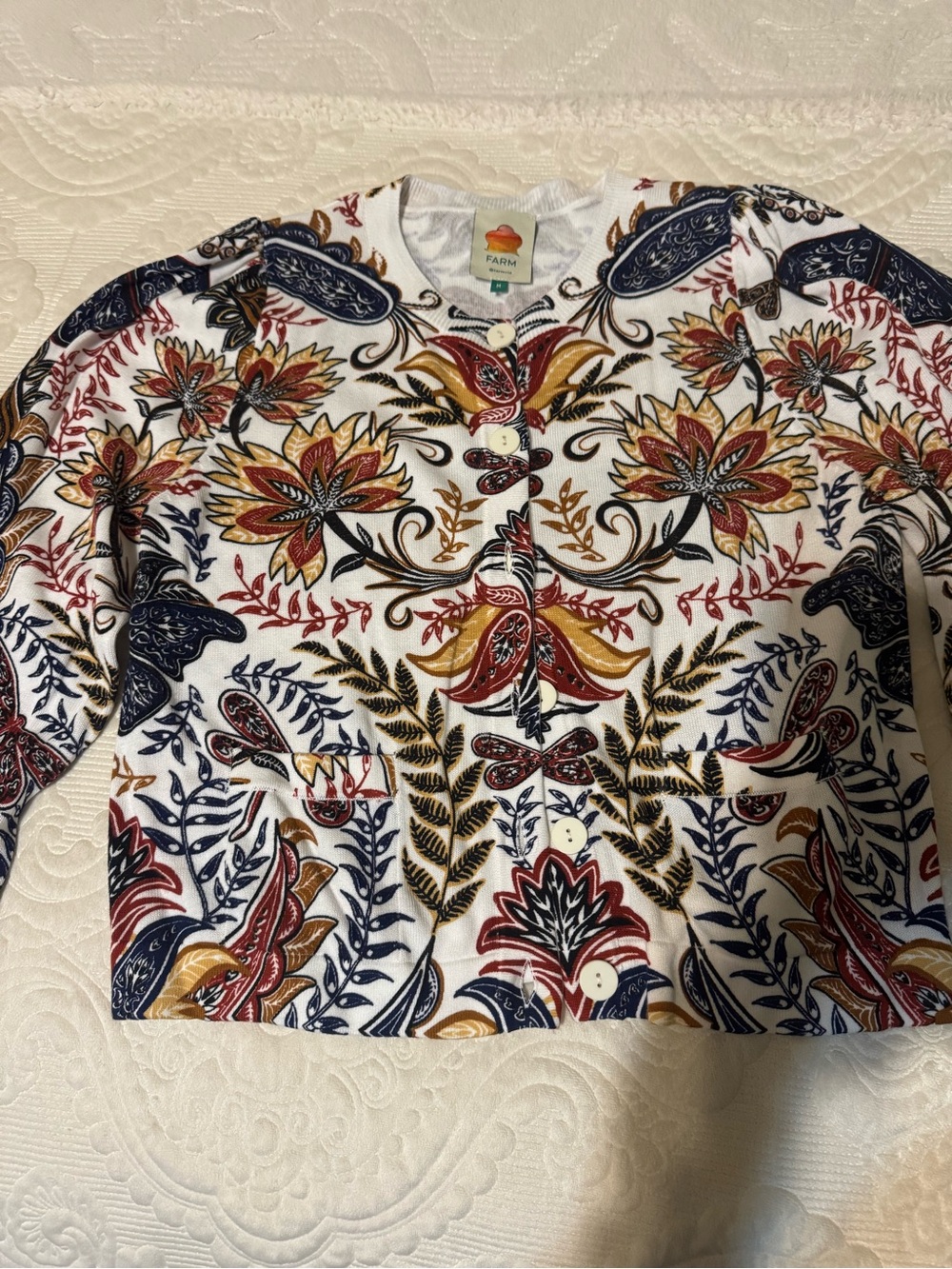 FARM Rio White Cardigan with Navy, Red and Gold Floral Print